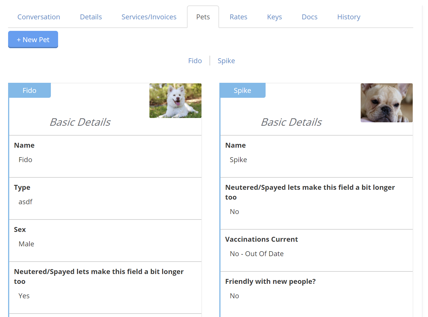 Redesigned Time To Pet pet profile with links at the top to jump to each pet's information