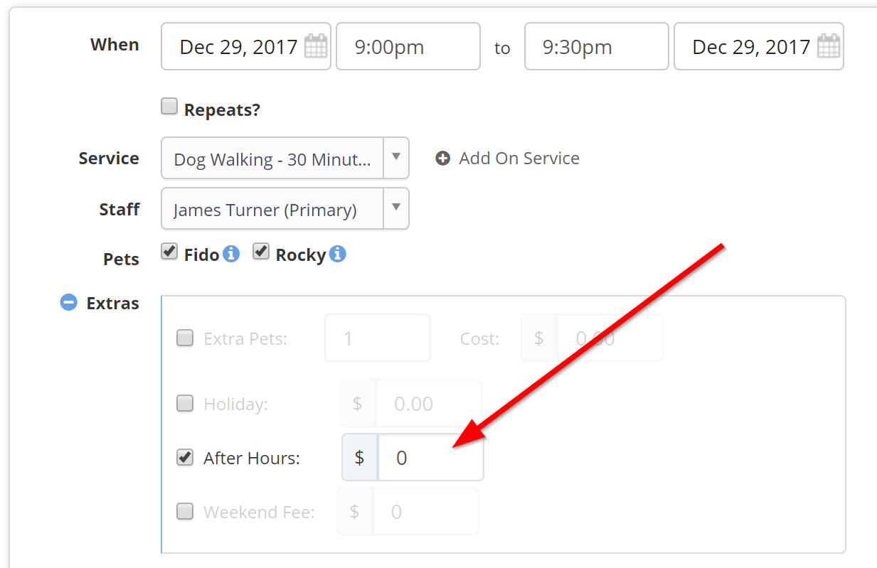 Time To Pet event scheduled outside business hours with the after hours fee added automatically