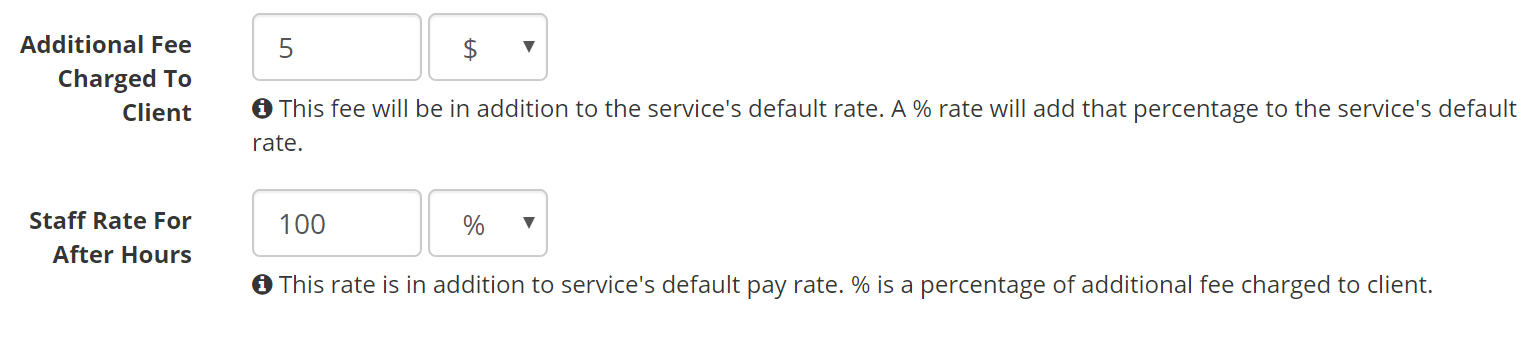 Time To Pet after hours fee settings for the client charge and staff pay, as a flat amount or percentage