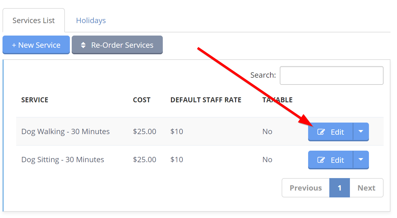 Time To Pet Services List, where a service is edited to set up auto after hours fees