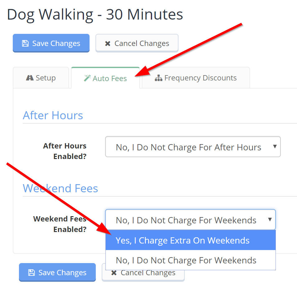 Auto Fees tab of a Time To Pet service with the weekend fee option