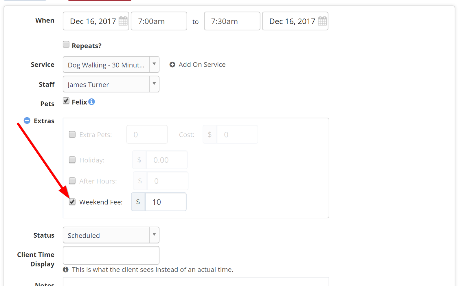 Time To Pet event screen with the weekend fee checkbox for waiving the fee