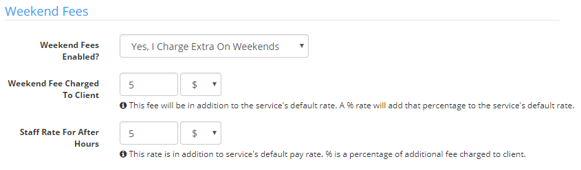 Time To Pet Auto Fees settings for weekend fees on a service