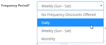 Time To Pet Frequency Discounts tab for setting a daily, weekly or monthly frequency period