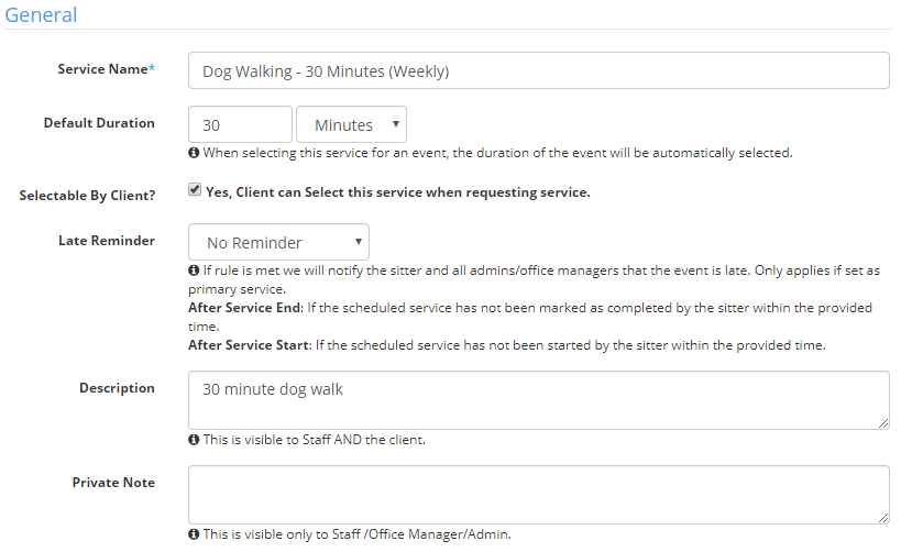 Time To Pet service setup tab showing general information about the service
