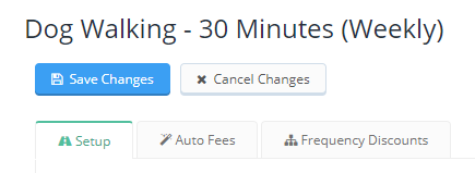 Time To Pet edit service screen with Setup, Auto Fees and Frequency Discounts tabs