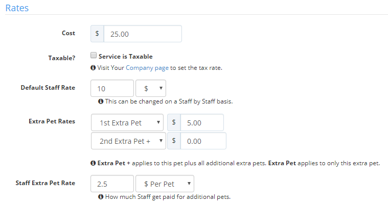 Time To Pet service setup tab showing the default rates for the service