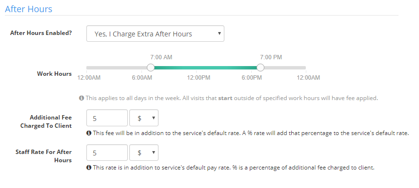 Time To Pet Auto Fees settings for after hours fees on a service