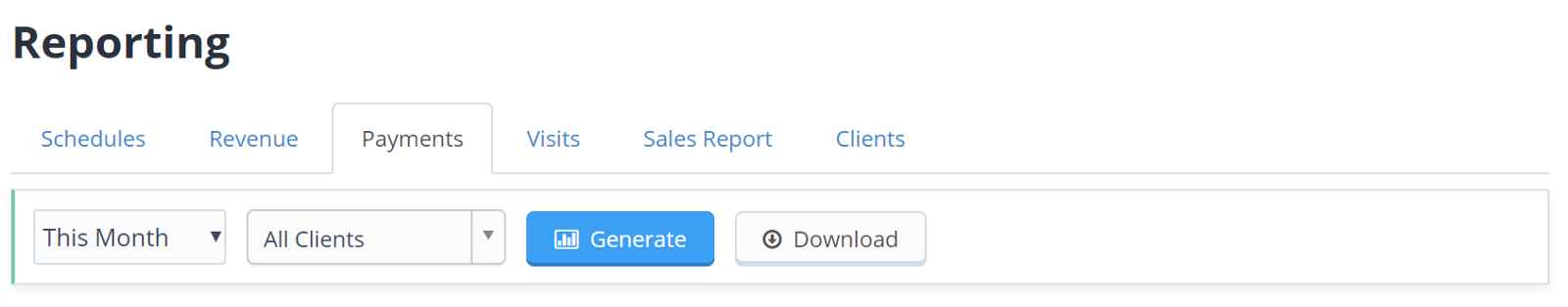Time To Pet Payments tab in Reporting with date range and client filters