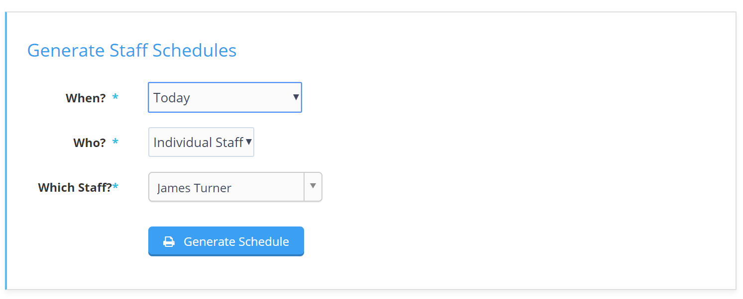 Time To Pet staff schedule generator with date range and staff selection options