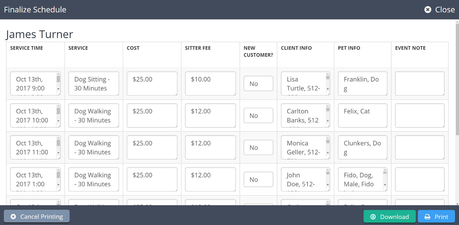 Time To Pet finalized staff schedule ready to download as a PDF or print