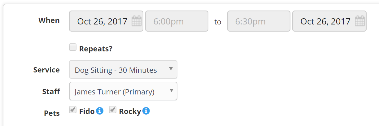 Time To Pet scheduler with events grayed out because the invoice is locked