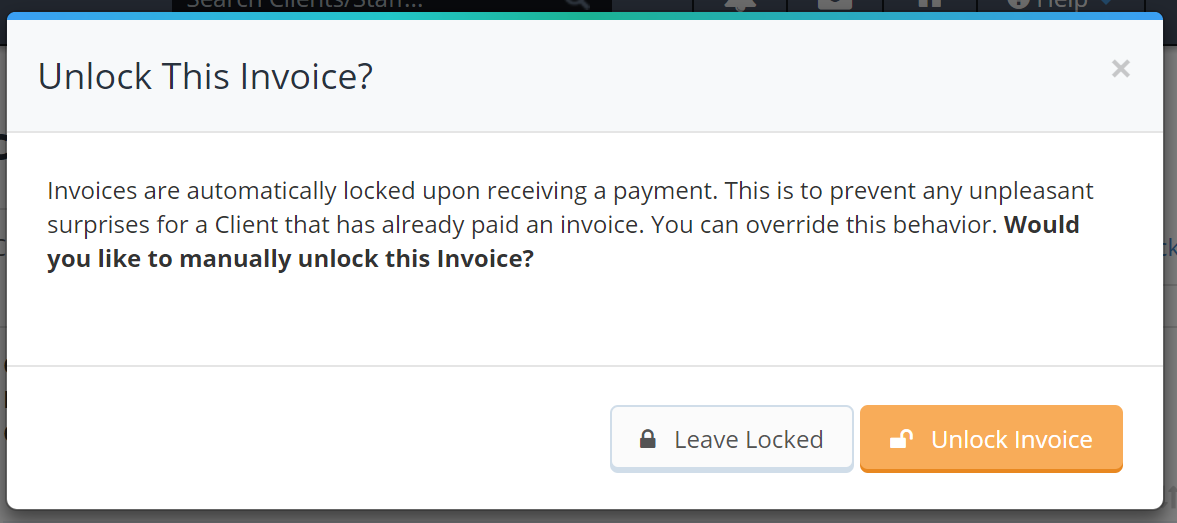 Time To Pet popup asking whether to unlock a locked invoice