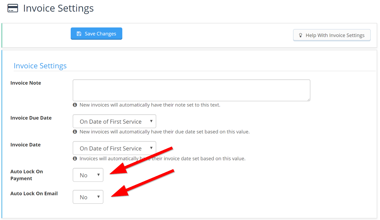 Time To Pet Invoice Settings with Auto Lock On Payment and Auto Lock On Email options