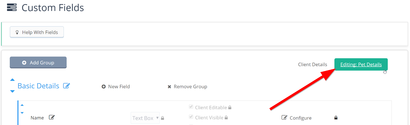 Time To Pet Custom Fields page with the button to edit Pet Information fields at the top right