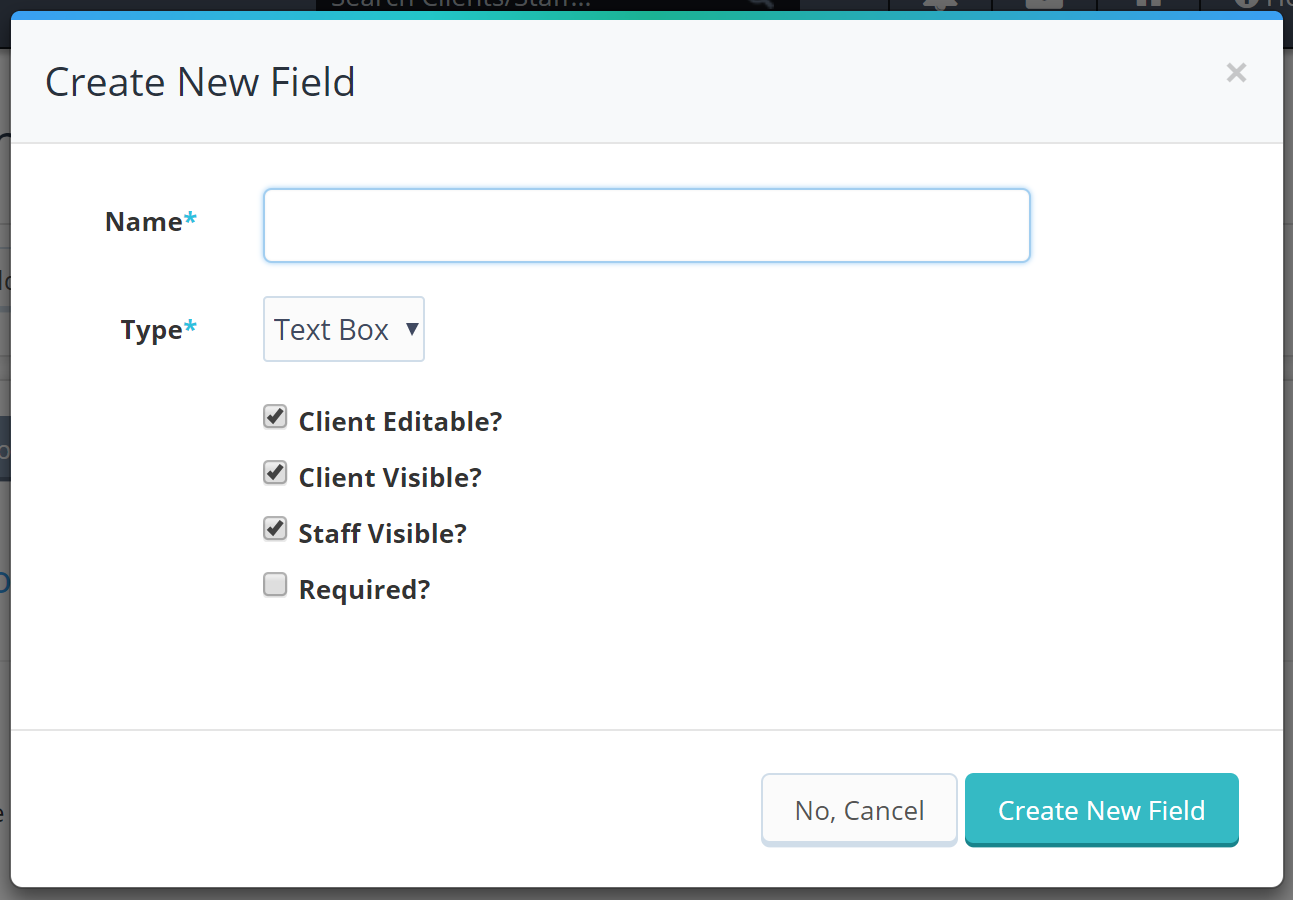 Time To Pet new custom field box for setting the field name, type and checkboxes