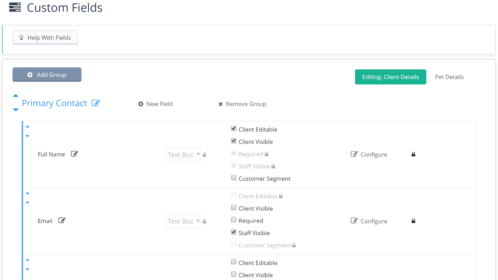 Time To Pet Custom Fields section in Settings listing all account fields