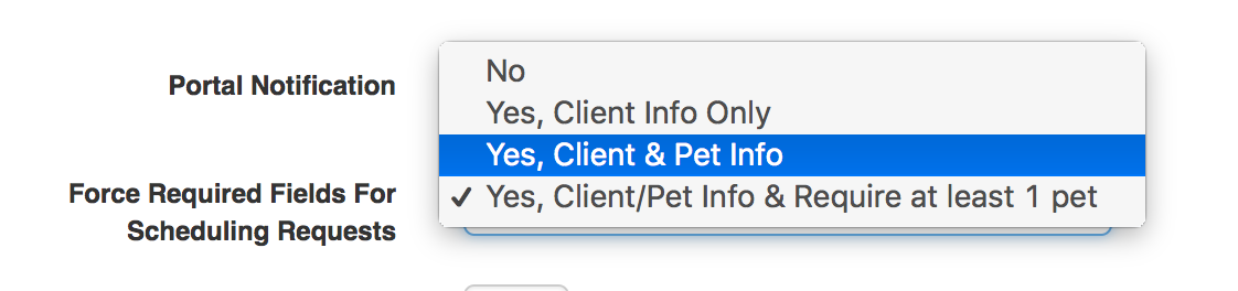 Time To Pet portal settings for choosing which required fields are checked before schedule requests