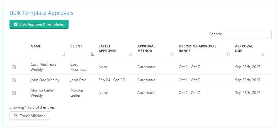 Time To Pet bulk approve screen for approving multiple schedule templates at once