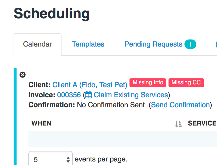Time To Pet scheduler warning that a client is missing required fields or a card on file