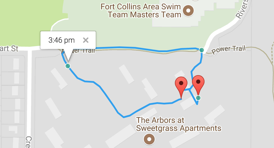 Time To Pet GPS route map with hoverable time stamp markers along a dog walk