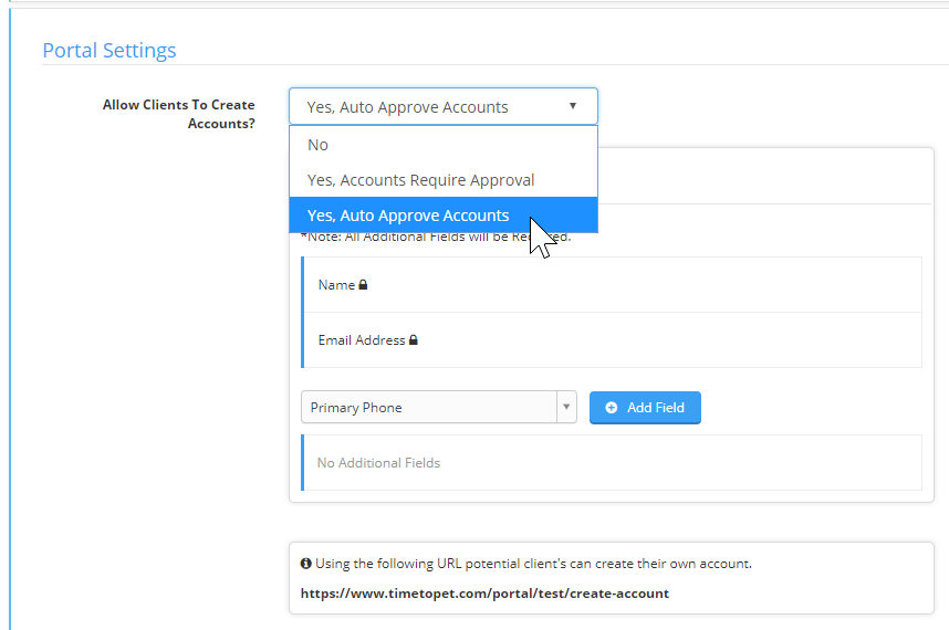 Time To Pet portal settings with the option to auto approve new client leads