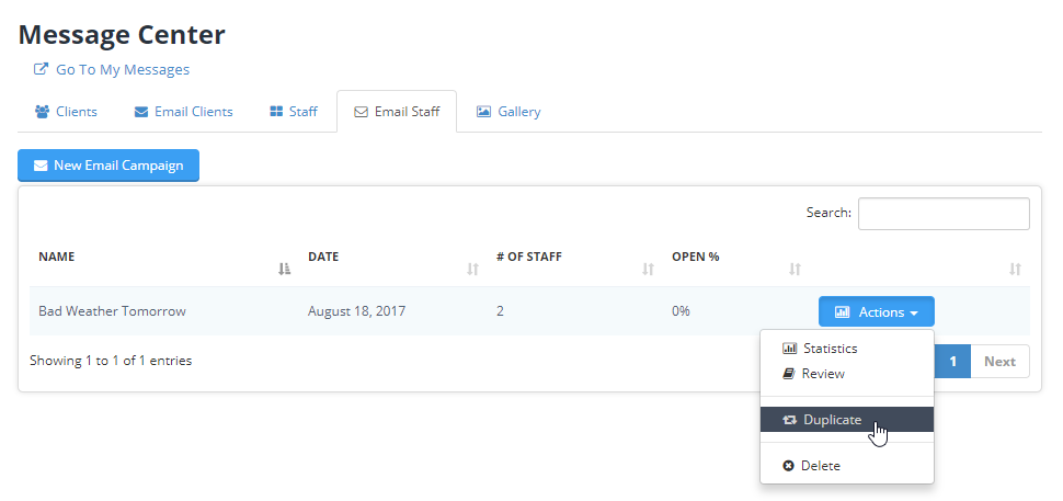 Time To Pet Message Center showing the Actions menu to duplicate a bulk email campaign