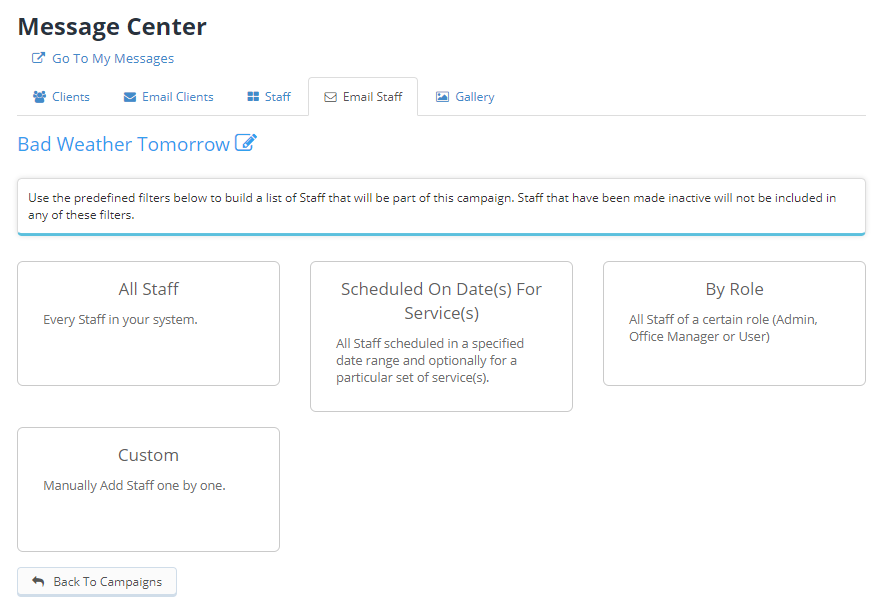 Filters for choosing which staff receive a bulk email campaign in Time To Pet