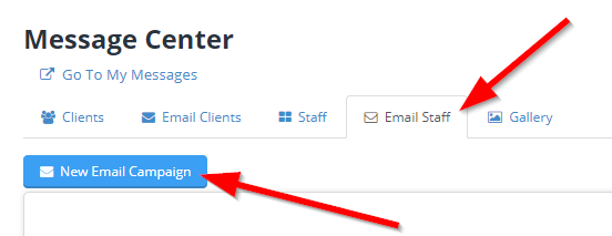 New Email Campaign button under the Email Staff tab in the Time To Pet Message Center