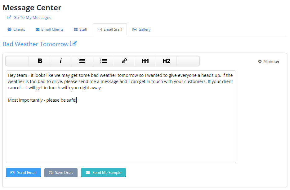 Time To Pet bulk email editor for writing a message to selected staff members