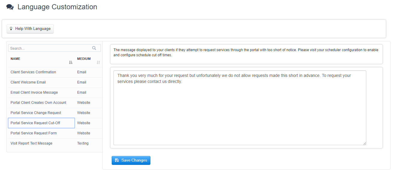 Portal Service Request Cut-Off message in Time To Pet Language Customization