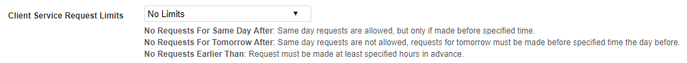 Client Service Request Limits options in Time To Pet Scheduler Settings