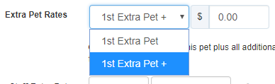 Extra Pet Rates drop-down showing pricing options with and without a plus symbol