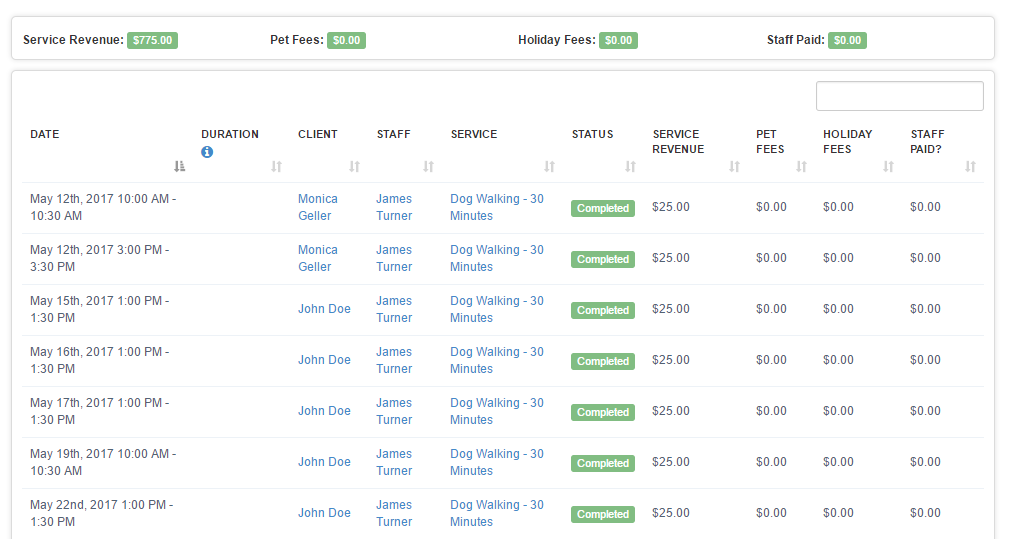 Sample Time To Pet Visits Report with service revenue, pet fees and staff pay