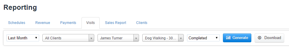 Visit Report filters set for 30 Minute Dog Walking by one staff member last month