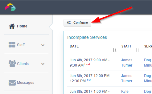 Configure button at the top left of the Time To Pet home screen