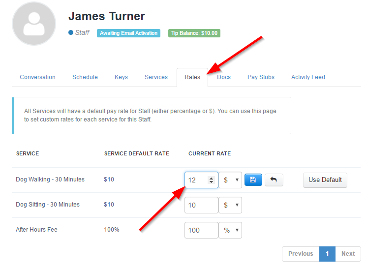 Rates tab on a Time To Pet staff profile for setting custom staff pay rates