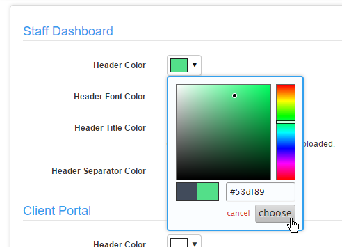 Time To Pet Theme Settings with color options for each section of the software