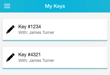 Keys screen in the Time To Pet Staff App listing keys in a staff member's possession