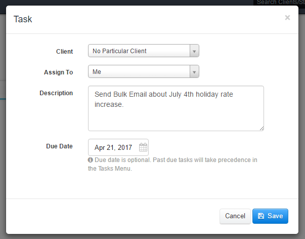 Adding a non-client task in Time To Pet with No Particular Client selected