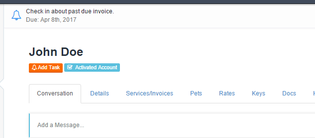 Client profile in Time To Pet with a color-coded task listed at the top