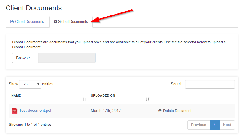 Global Documents tab in Time To Pet for uploading a document for all clients
