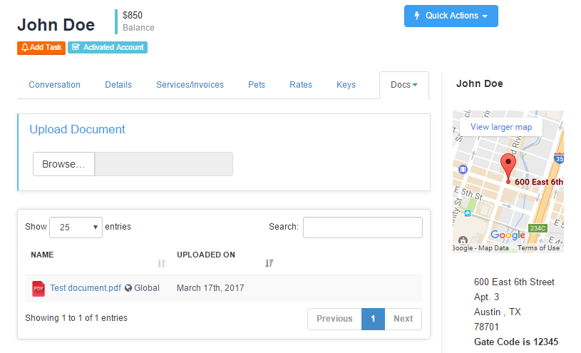 Global document listed in the Docs tab of a client's profile in Time To Pet