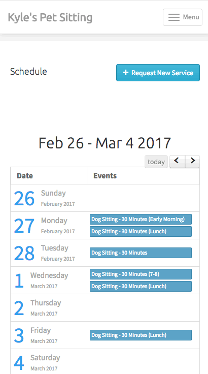 Client portal service request screen offering single or multiple visit requests