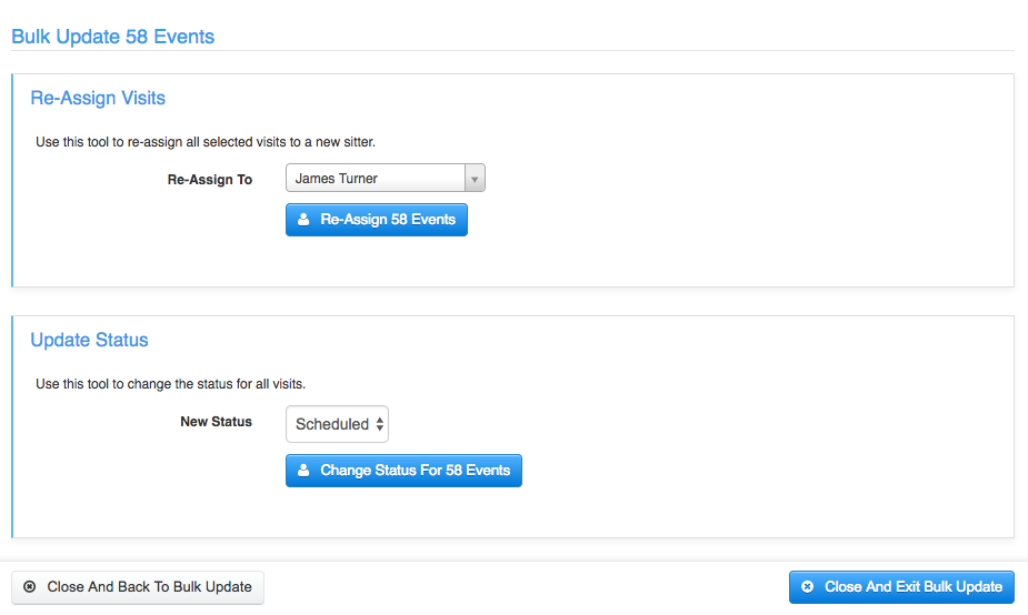 Bulk Update prompt to re-assign selected events or update their status
