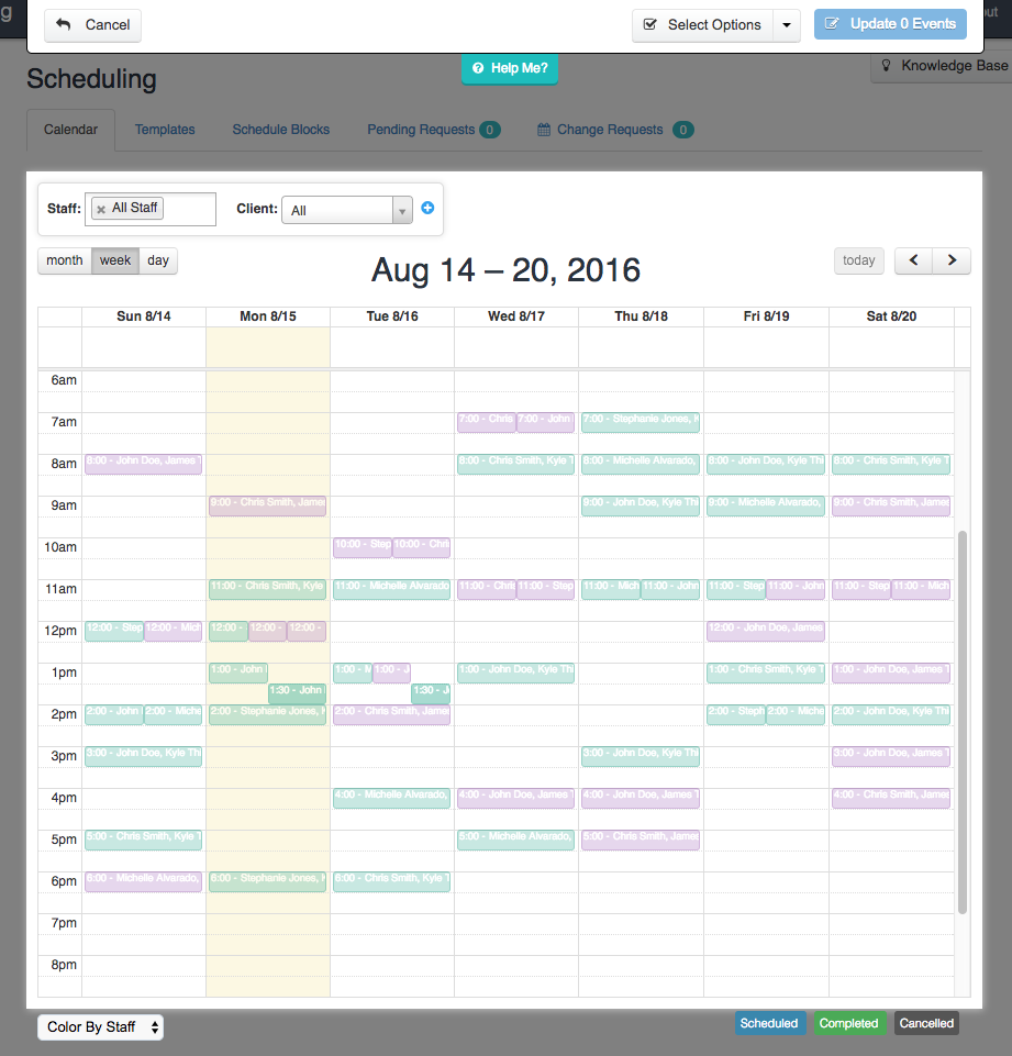 Time To Pet scheduler in Bulk Update mode with events grayed out until selected