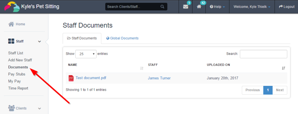 Searchable Staff Documents list in the Time To Pet Documents section