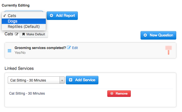 Time To Pet settings showing multiple Visit Report Cards assigned to specific services