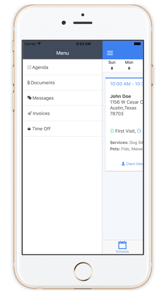 Time To Pet mobile app menu opened from the three-line icon in the top left