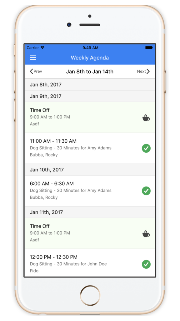 Agenda View of upcoming visits in the Time To Pet staff mobile app